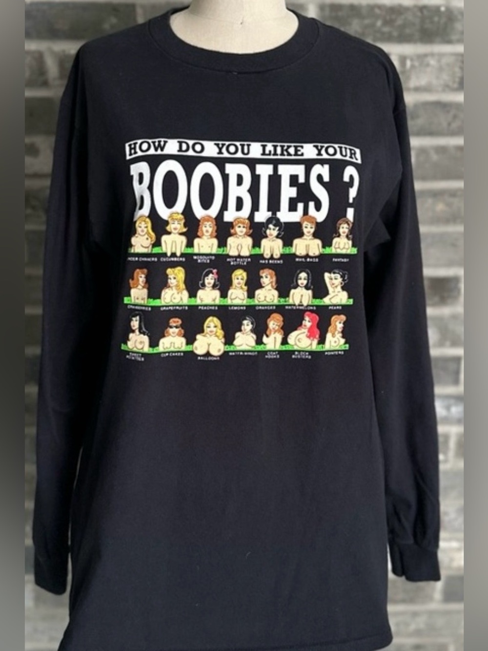 Spencer’s Novelty Adult Humor Long Sleeve Graphic Tee Funny Boobies Shirt Black